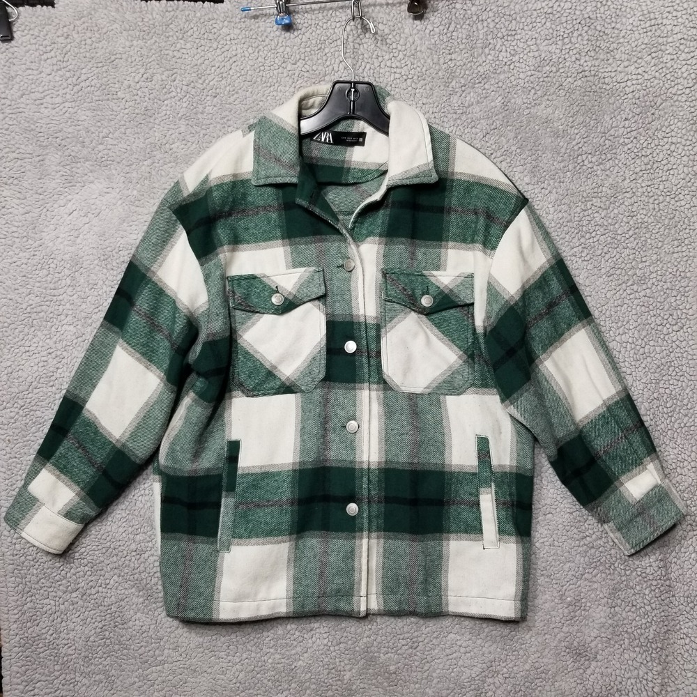 Zara Flannel Green Long Sleeve Shirt Relaxed Fit‎ Women's Size Small